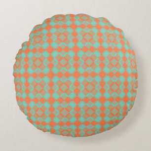Coral Turquoise Chequered Argyle Pattern Round Cushion