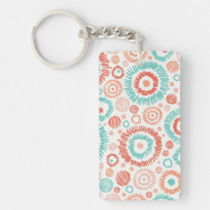 Coral & Turquoise Doodle ZigZag Circles Abstract Key Ring