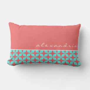 Coral & Turquoise Geometric Pattern Custom Name Lumbar Cushion