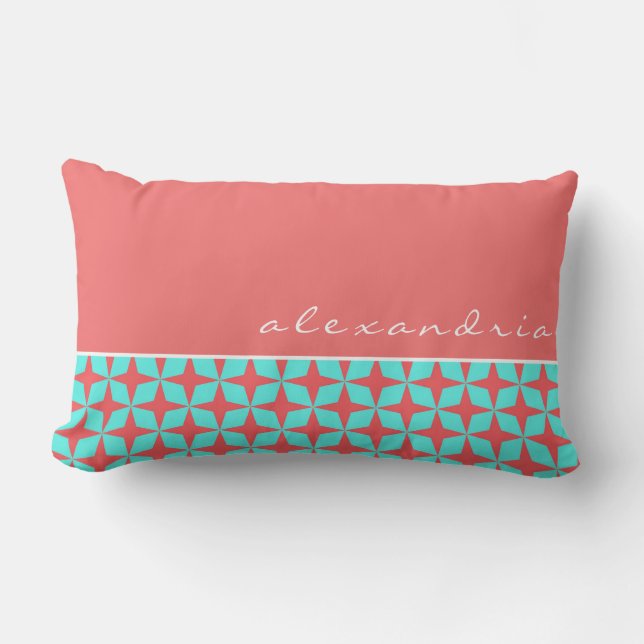 Coral & Turquoise Geometric Pattern | Custom Name Lumbar Cushion (Front)