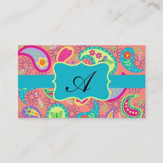 Coral Turquoise Modern Paisley Pattern Monogram Business Card (Front)