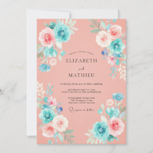 Coral Turquoise Watercolor Wedding Invitation