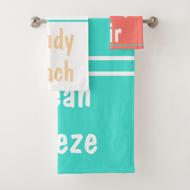 Coral Turquoise White Beach Typography Bath Towel Set (Insitu)
