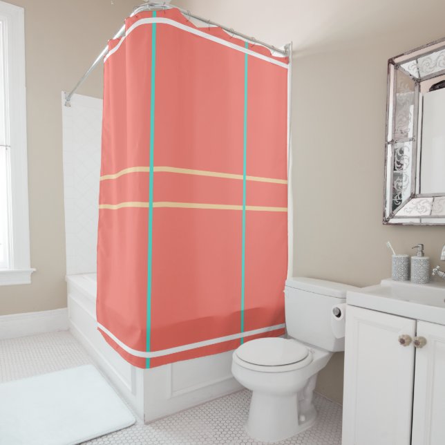 Coral Turquoise White Geometric Pattern Shower Curtain (In Situ)