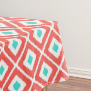 Coral, Turquoise, White Ikat Diamond Pattern Tablecloth