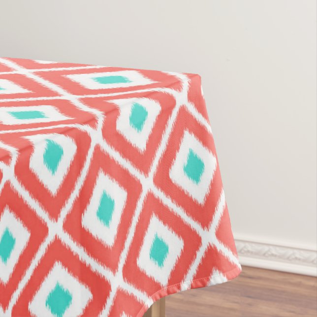 Coral, Turquoise, White Ikat Diamond Pattern Tablecloth (In Situ)