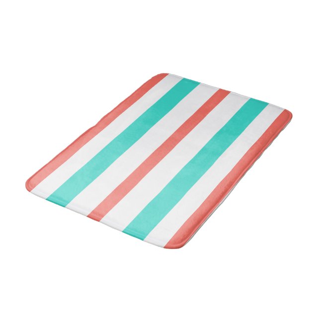 Coral Turquoise White Summer Stripes Bath Mat (Angled)