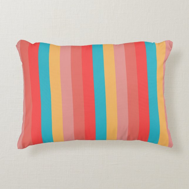 Coral Turquoise Yellow Stripes Decorative Cushion (Front)