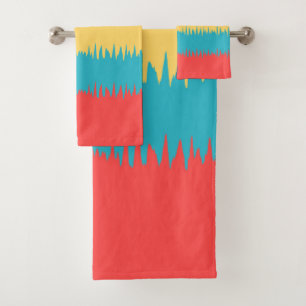 Coral Turquoise Yellow White Stripes Bath Towel Set