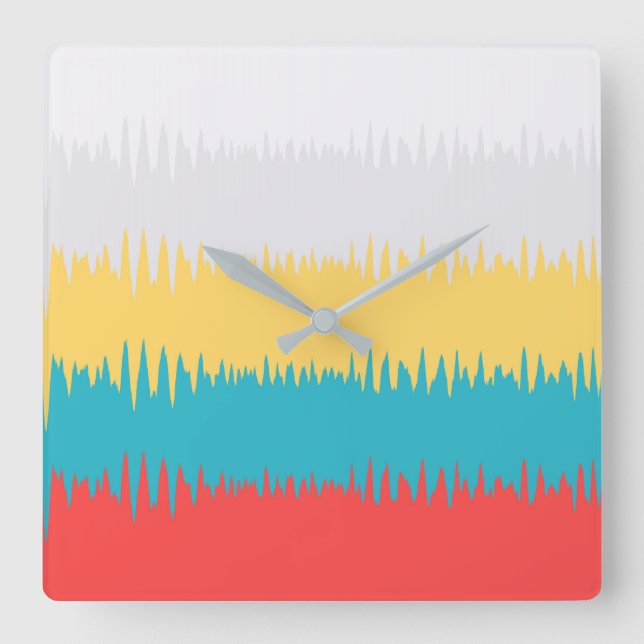 Coral Turquoise Yellow White Stripes Square Wall Clock (Front)