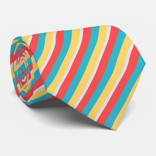 Coral Turquoise Yellow White Stripes Tie (Rolled)