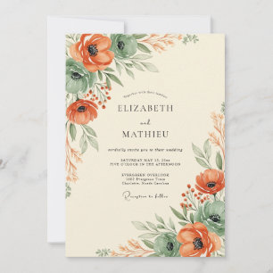 Coral Verdant Botanical Autumn Wedding Invitation