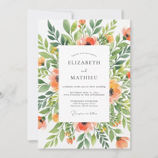 Coral Verdant Floral Wedding Invitation (Front)