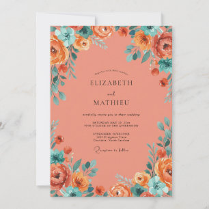 Coral Vibrant Botanical Wedding Invitation