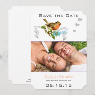 Coral Vintage Bird Aqua & Lilac Save the Date Invitation