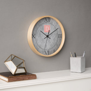 Coral Vintage Damask Monogram Clock