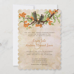 Coral Vintage Love Birds Tea Stain Wedding Invites