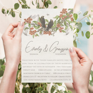 Coral Vintage Love Birds Wedding Invitation