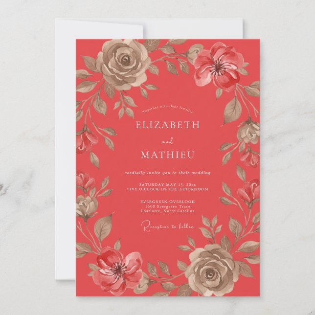 Coral Vintage Rose Wedding Invitation (Front)