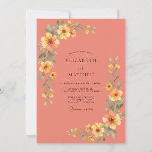 Coral Warm Golden Botanical Wedding Invitation