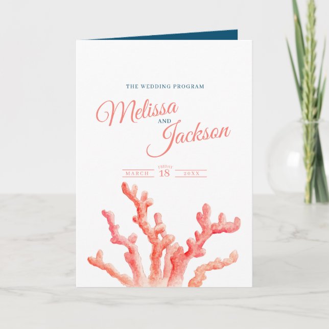 Coral watercolor art wedding programme (Front)