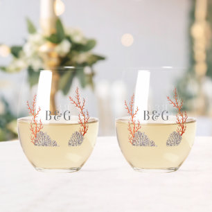 Coral Watercolor Beach Modern Wedding Favour Stemless Wine Glass