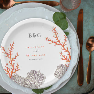 Coral Watercolor Beach Modern Wedding Paper Plate