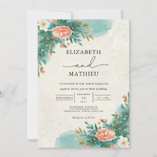 Coral Watercolor Bloom Arch Wedding Invitation
