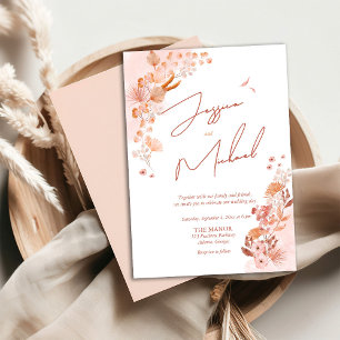 Coral Watercolor Boho Elegant Script Wedding Invitation
