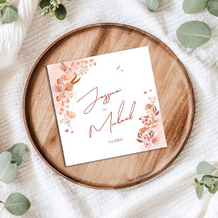 Coral Watercolor Boho Elegant Script Wedding Napkin