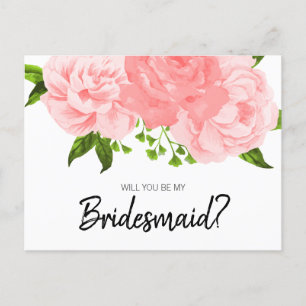 Coral Watercolor Floral Be My Bridesmaid Postcard