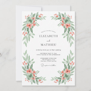 Coral Watercolor Floral Flourish Wedding Invitation