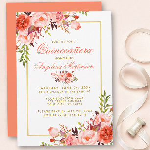Coral Watercolor Floral Quinceanera Gold Frame Invitation