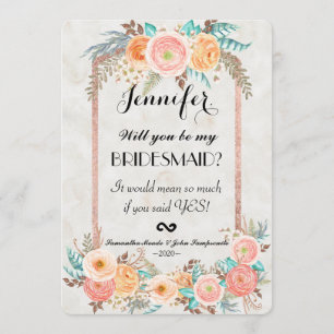 Coral Watercolor Flowers and Gold Bridesmaids Invitation