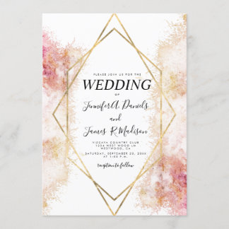 Coral watercolor geometric gold frame wedding invitation
