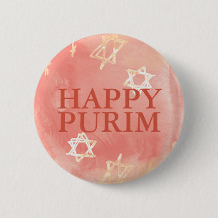 Coral Watercolor HAPPY PURIM and Gold Jewish Stars 6 Cm Round Badge