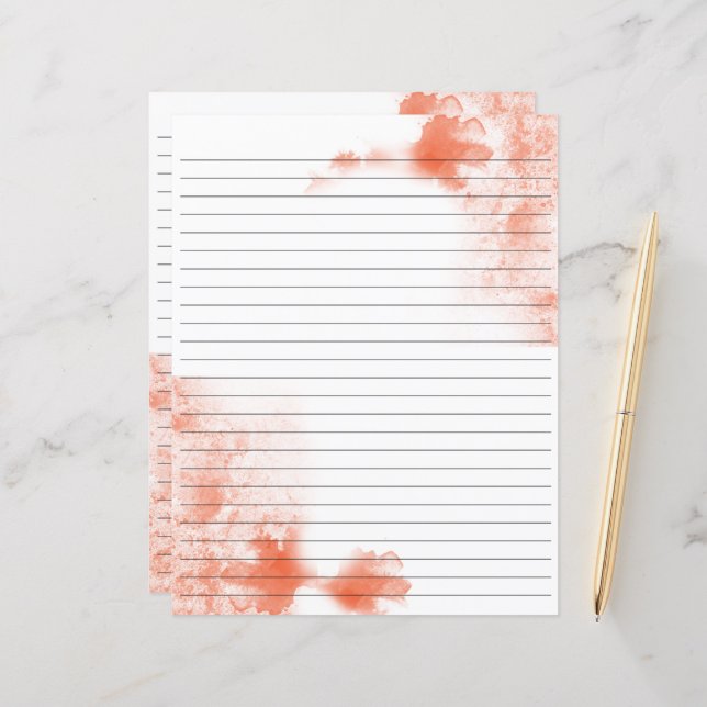 Coral Watercolor lined stationery paper (Front/Back In Situ)