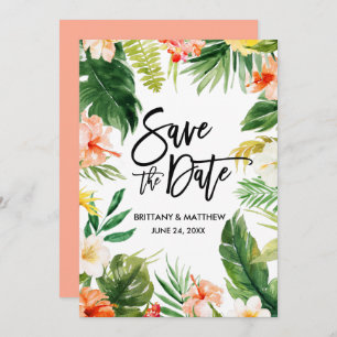 Coral Watercolor Tropical Floral Brush Script Save The Date