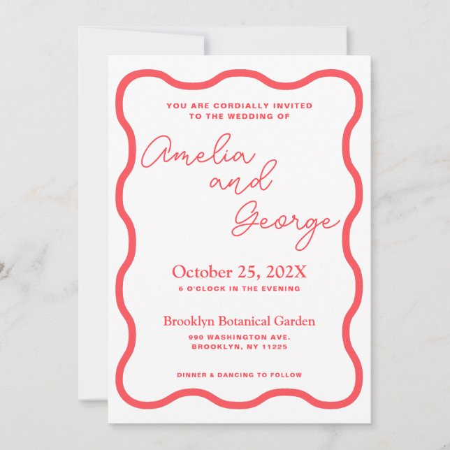 Coral Wavy Retro Photo Wedding Invitation (Front)