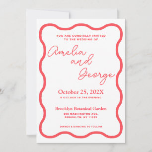 Coral Wavy Retro Photo Wedding Invitation