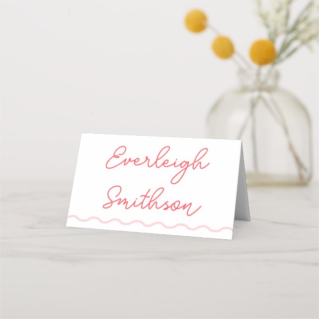Coral Wavy Retro Wedding Place Card (Front)