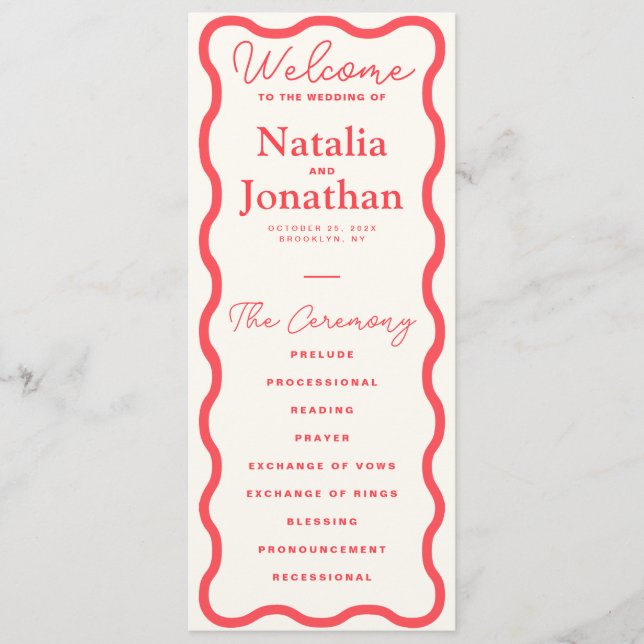 Coral Wavy Retro Wedding Programme (Front)