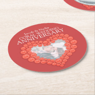 Coral wedding anniversary heart photo coasters