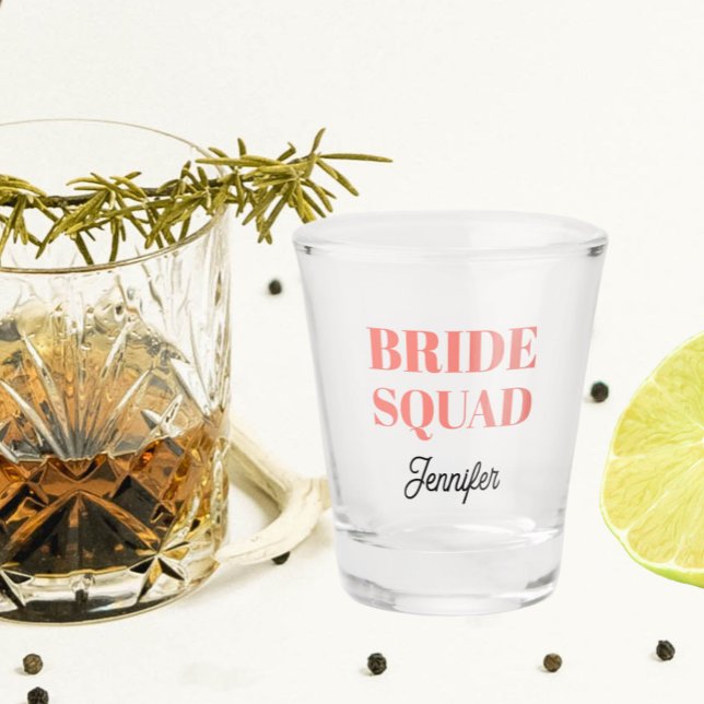 Coral Wedding Bride Squad Personalized Shot Glass (In Situ)