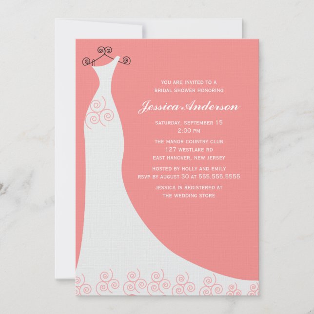 Coral Wedding Gown Bridal Shower Invitation (Front)