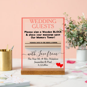 Coral Wedding Guests Blocks Names Red Hearts Acrylic Sign