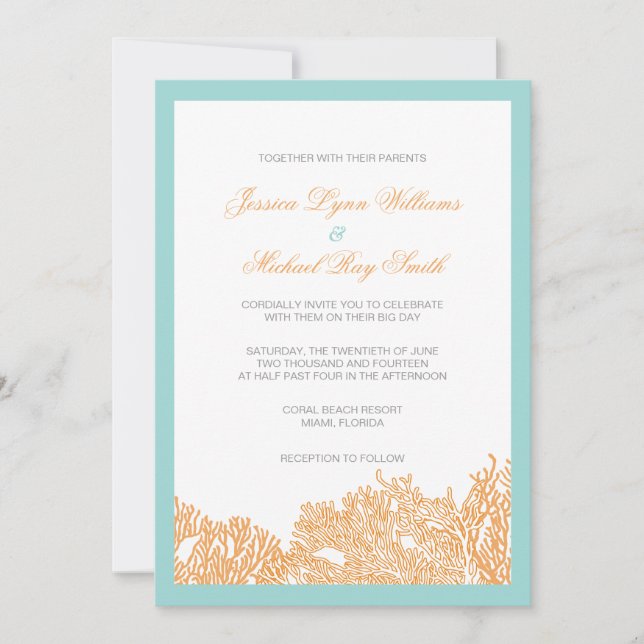 Coral Wedding Invitation For Seaside Wedding (Front)