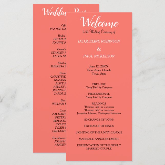 Coral Wedding Program Programme (Front/Back)