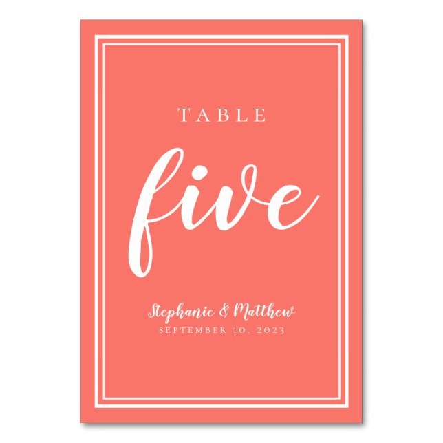 Coral Wedding Table Five Modern Typography Simple Number (Front)