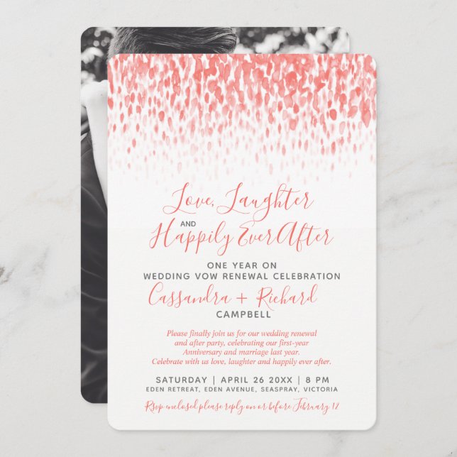 Coral wedding vow renewal 1 year on happily after invitation (Front/Back)